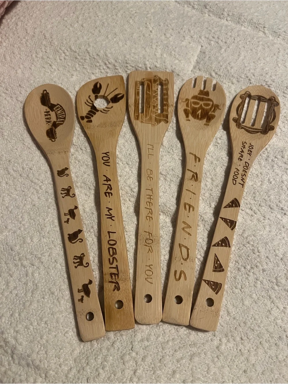 Set of 5 Engraved Bamboo Wooden Spoons with Friends Theme
